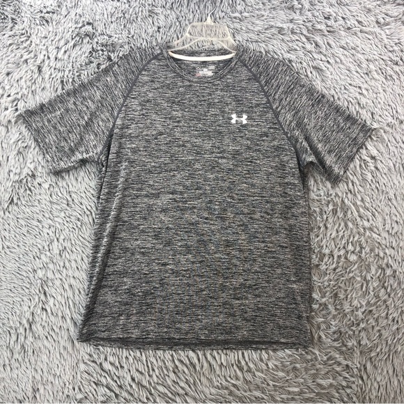 Under Armour UA Shirt Mens Large Gray Black Logo Loose Heatgear Athletic Workout - Picture 1 of 9